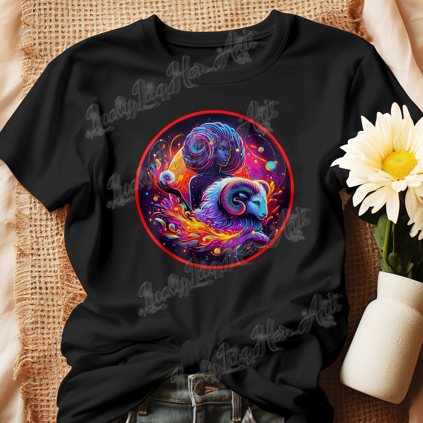 Vibrant Aries-themed artwork featuring a stylized Black woman and ram, symbolizing astrological leadership and Black female empowerment. On a tShirt.