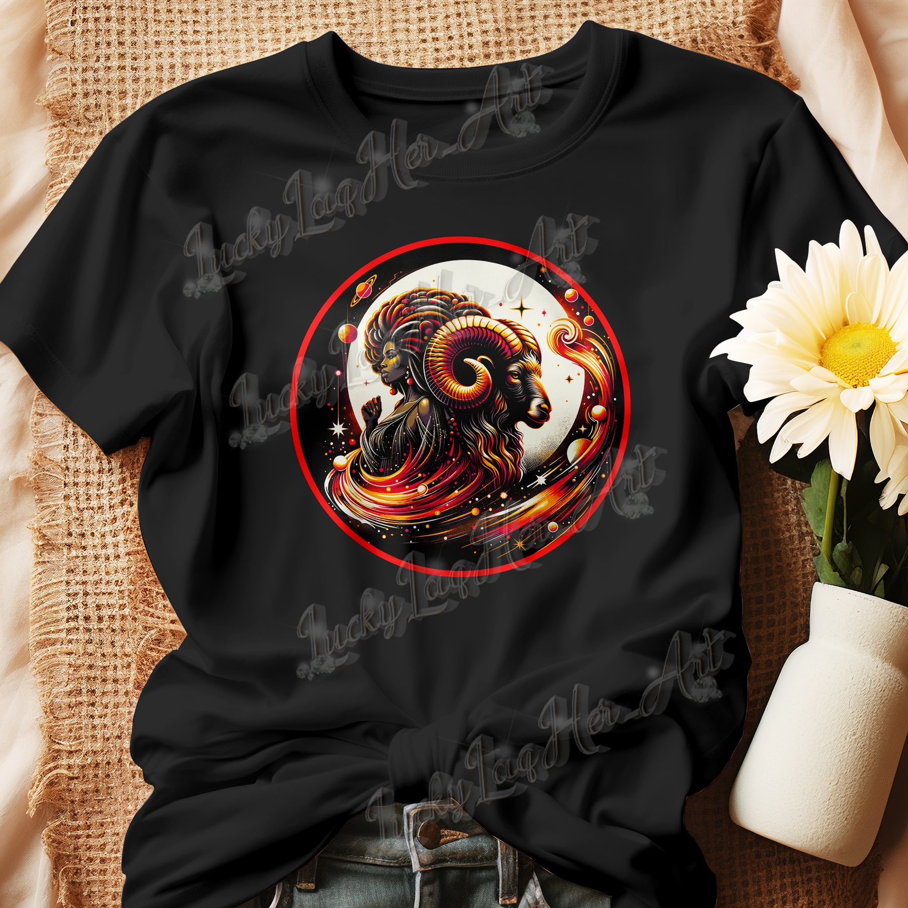 Vibrant Aries-themed artwork featuring a stylized Black woman and ram, symbolizing astrological leadership and Black female empowerment. On a tShirt.