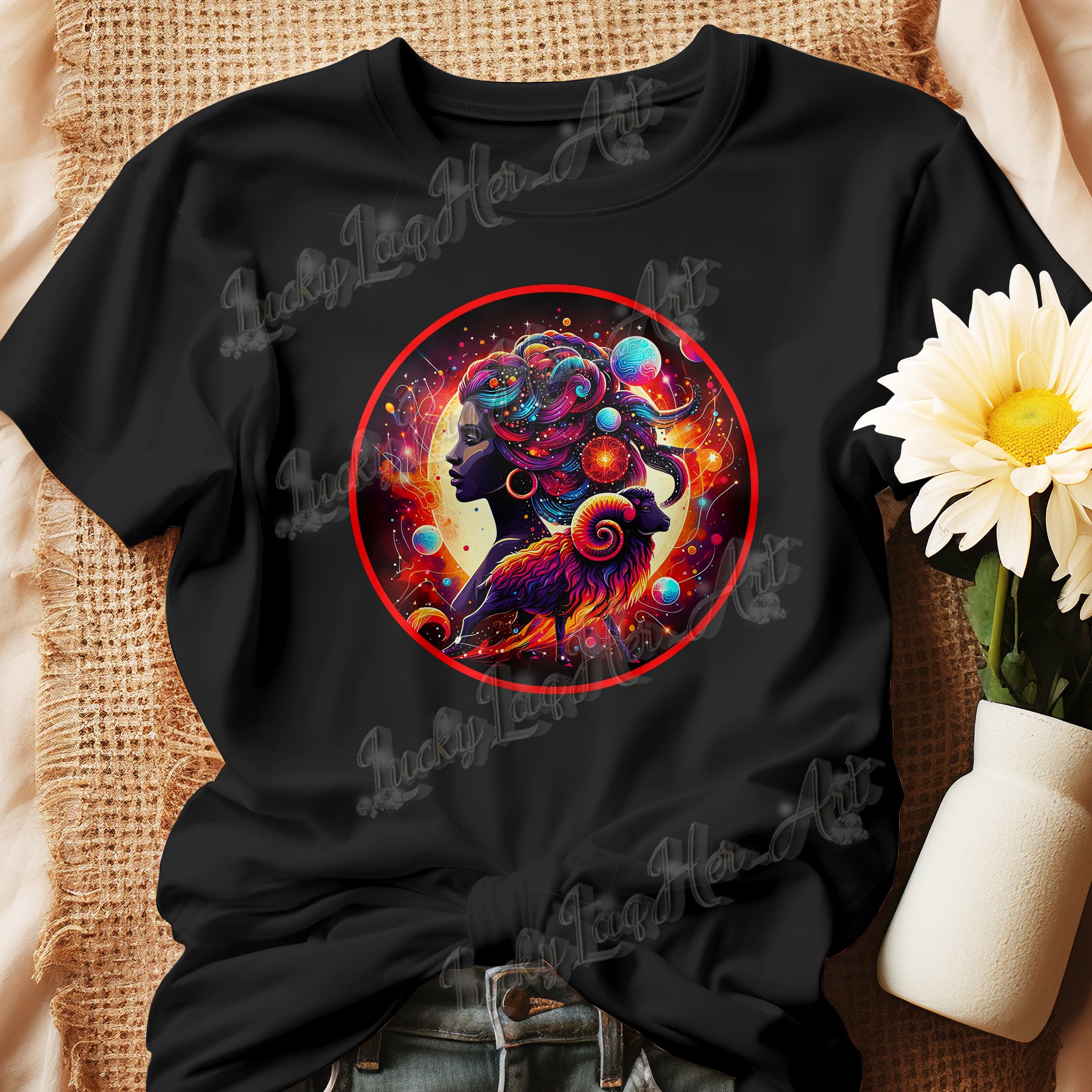 Vibrant Aries-themed artwork featuring a stylized Black woman and ram, symbolizing astrological leadership and Black female empowerment. On a tShirt.