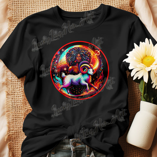 Vibrant Aries-themed artwork featuring a stylized Black woman and ram, symbolizing astrological leadership and Black female empowerment. On a tShirt.