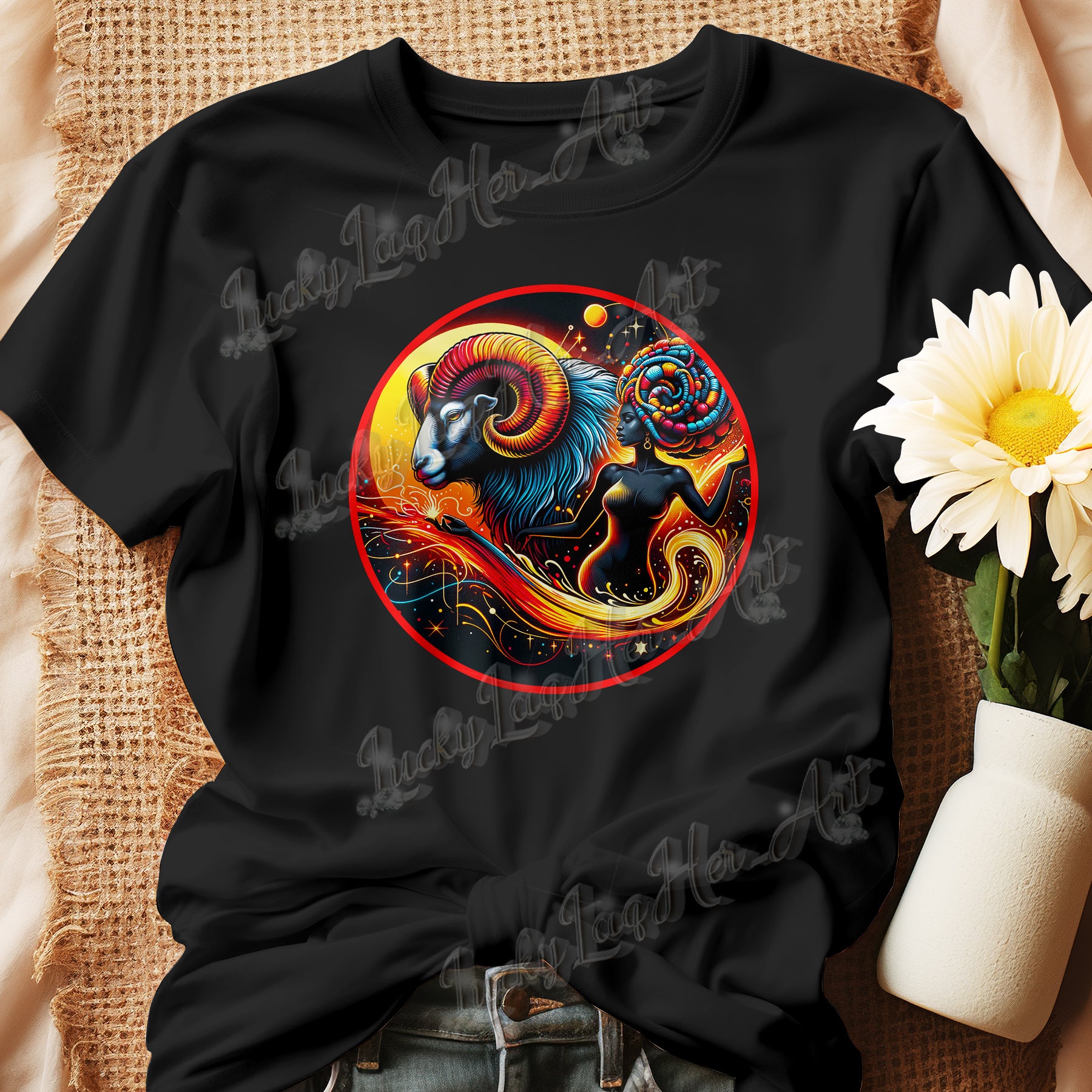 Vibrant Aries-themed artwork featuring a stylized Black woman and ram, symbolizing astrological leadership and Black female empowerment. On a tShirt.