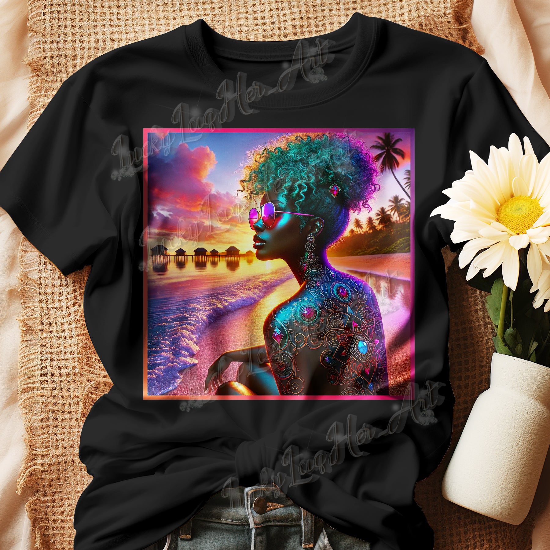 A vibrant, artistic t-shirt design featuring a strong Black woman with colorful curly hair, wearing reflective sunglasses, sitting on a beach at sunset. The background includes palm trees, beach huts, and a stunning gradient sky, showcasing empowerment, beauty, and confidence.