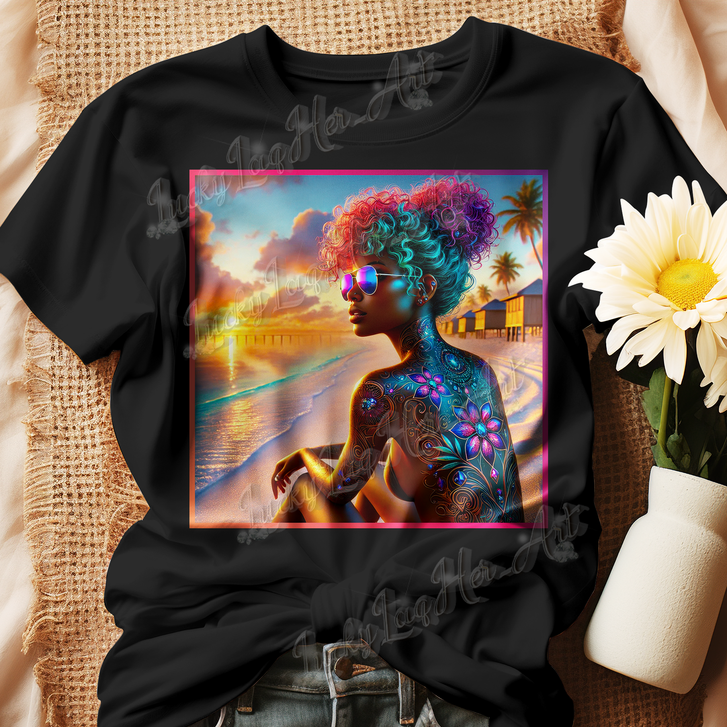 A vibrant, artistic t-shirt design featuring a strong Black woman with colorful curly hair, wearing reflective sunglasses, sitting on a beach at sunset. The background includes palm trees, beach huts, and a stunning gradient sky, showcasing empowerment, beauty, and confidence.