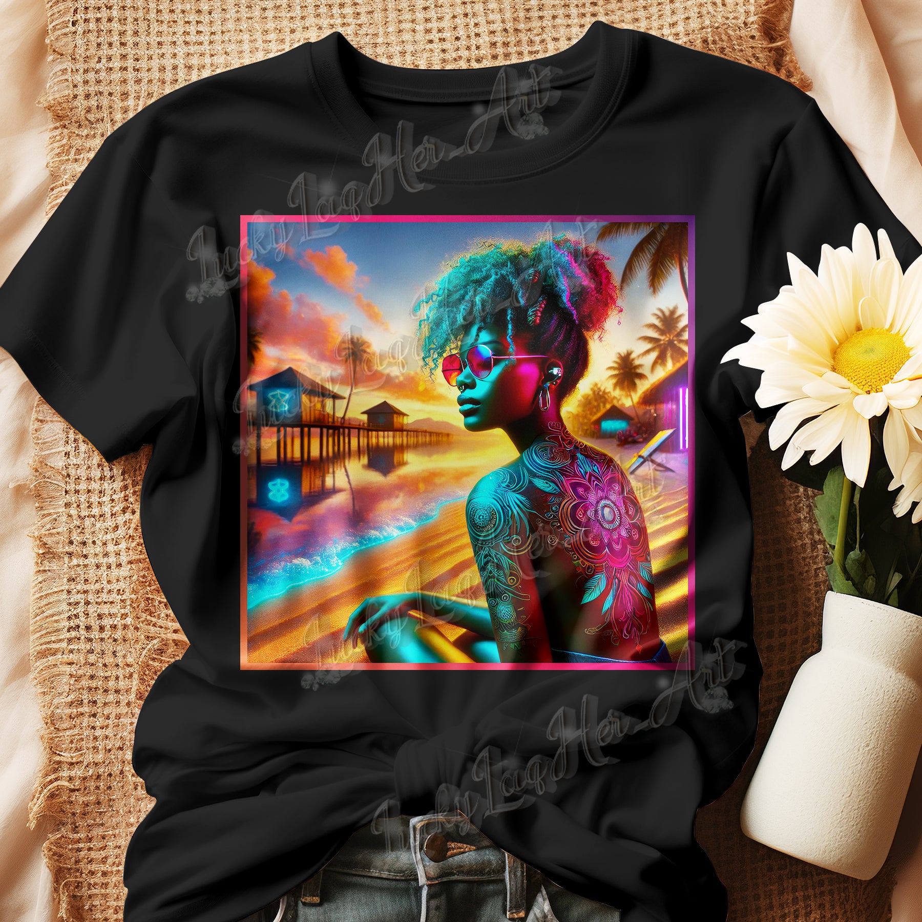 A vibrant, artistic t-shirt design featuring a strong Black woman with colorful curly hair, wearing reflective sunglasses, sitting on a beach at sunset. The background includes palm trees, beach huts, and a stunning gradient sky, showcasing empowerment, beauty, and confidence.