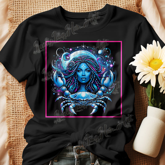 Illustration of a powerful Black woman with flowing dreadlocks, surrounded by a mystical Cancer zodiac crab and celestial elements, symbolizing strength and astrological magic.