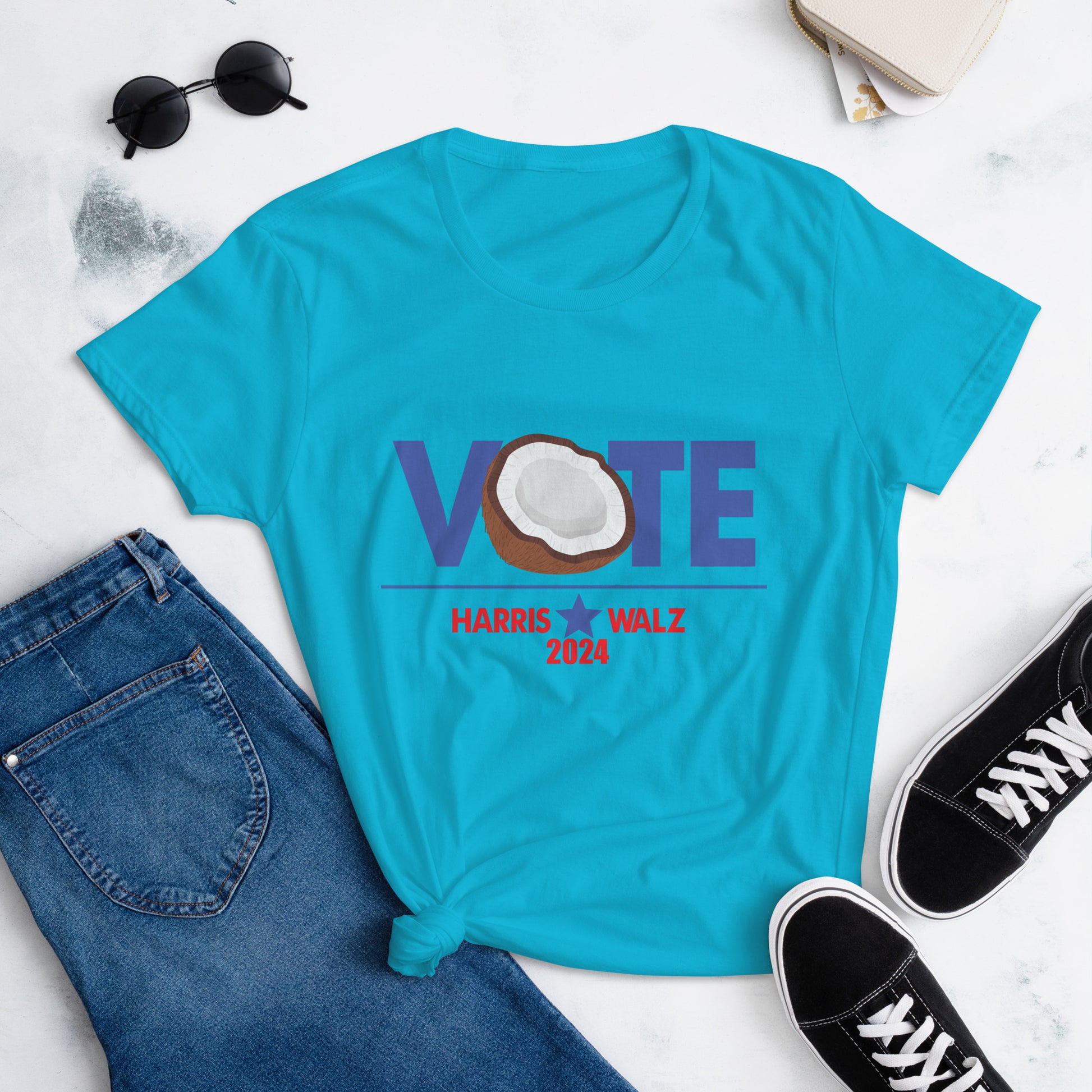 CocoVote 2024 Election T-Shirt featuring a fun coconut design integrated with the word 'VOTE' and Harris Walz 2024 text. Perfect for Harris supporters and political enthusiasts.