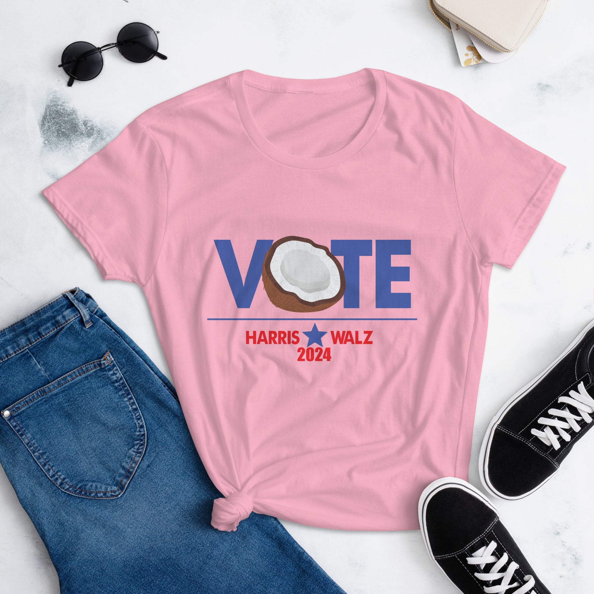 CocoVote 2024 Election T-Shirt featuring a fun coconut design integrated with the word 'VOTE' and Harris Walz 2024 text. Perfect for Harris supporters and political enthusiasts.