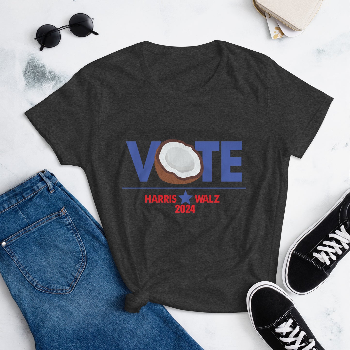 CocoVote 2024 Election T-Shirt featuring a fun coconut design integrated with the word 'VOTE' and Harris Walz 2024 text. Perfect for Harris supporters and political enthusiasts.