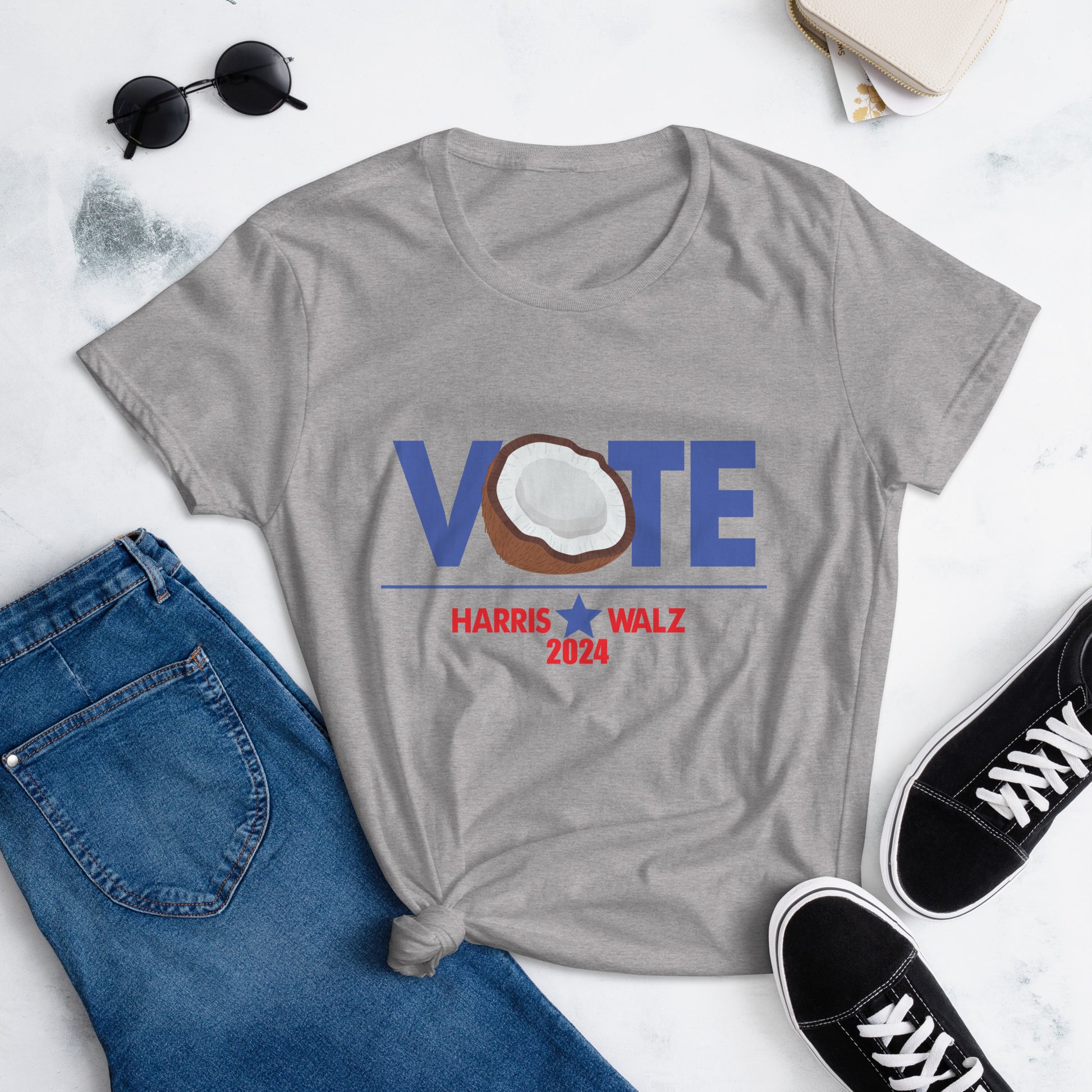 CocoVote 2024 Election T-Shirt featuring a fun coconut design integrated with the word 'VOTE' and Harris Walz 2024 text. Perfect for Harris supporters and political enthusiasts.