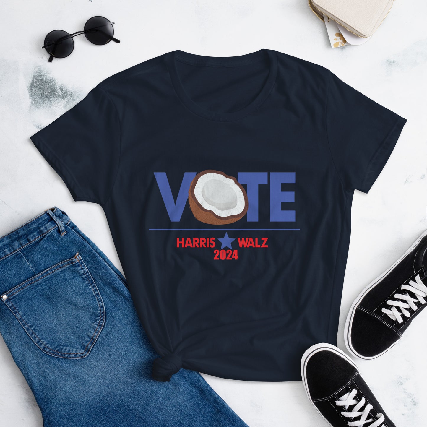 CocoVote 2024 Election T-Shirt featuring a fun coconut design integrated with the word 'VOTE' and Harris Walz 2024 text. Perfect for Harris supporters and political enthusiasts.