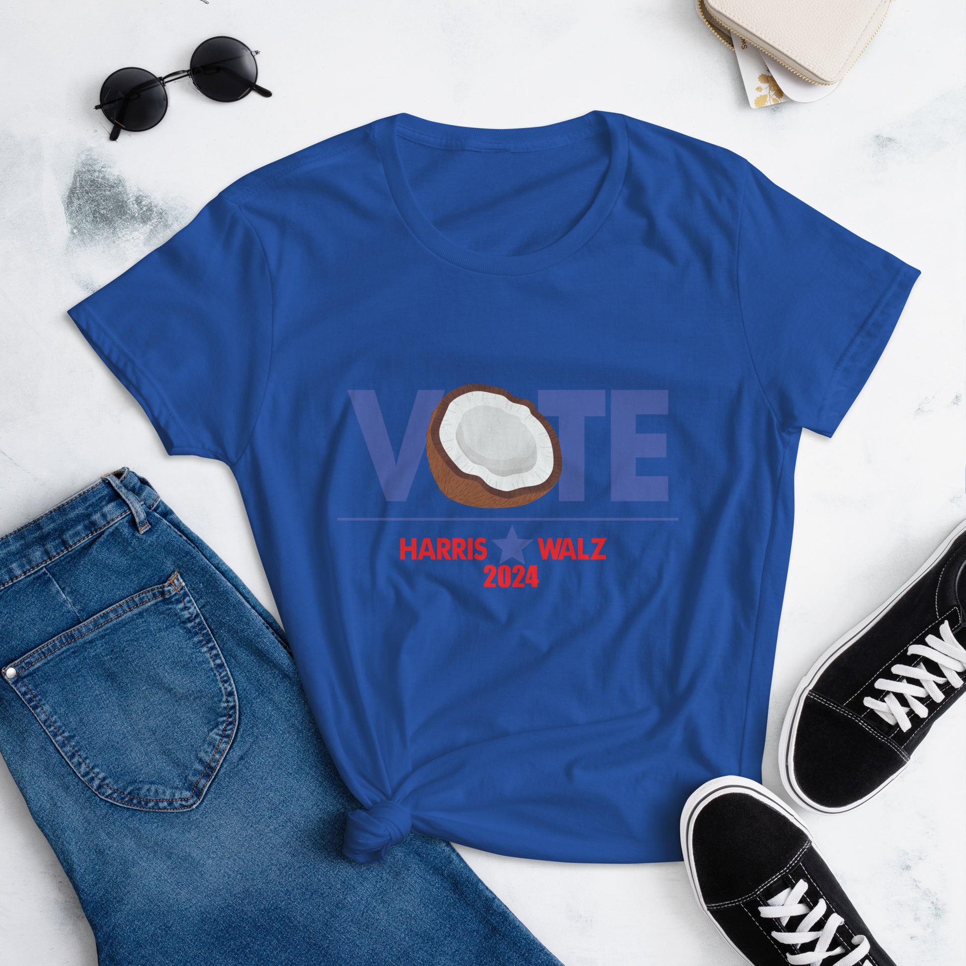 CocoVote 2024 Election T-Shirt featuring a fun coconut design integrated with the word 'VOTE' and Harris Walz 2024 text. Perfect for Harris supporters and political enthusiasts.