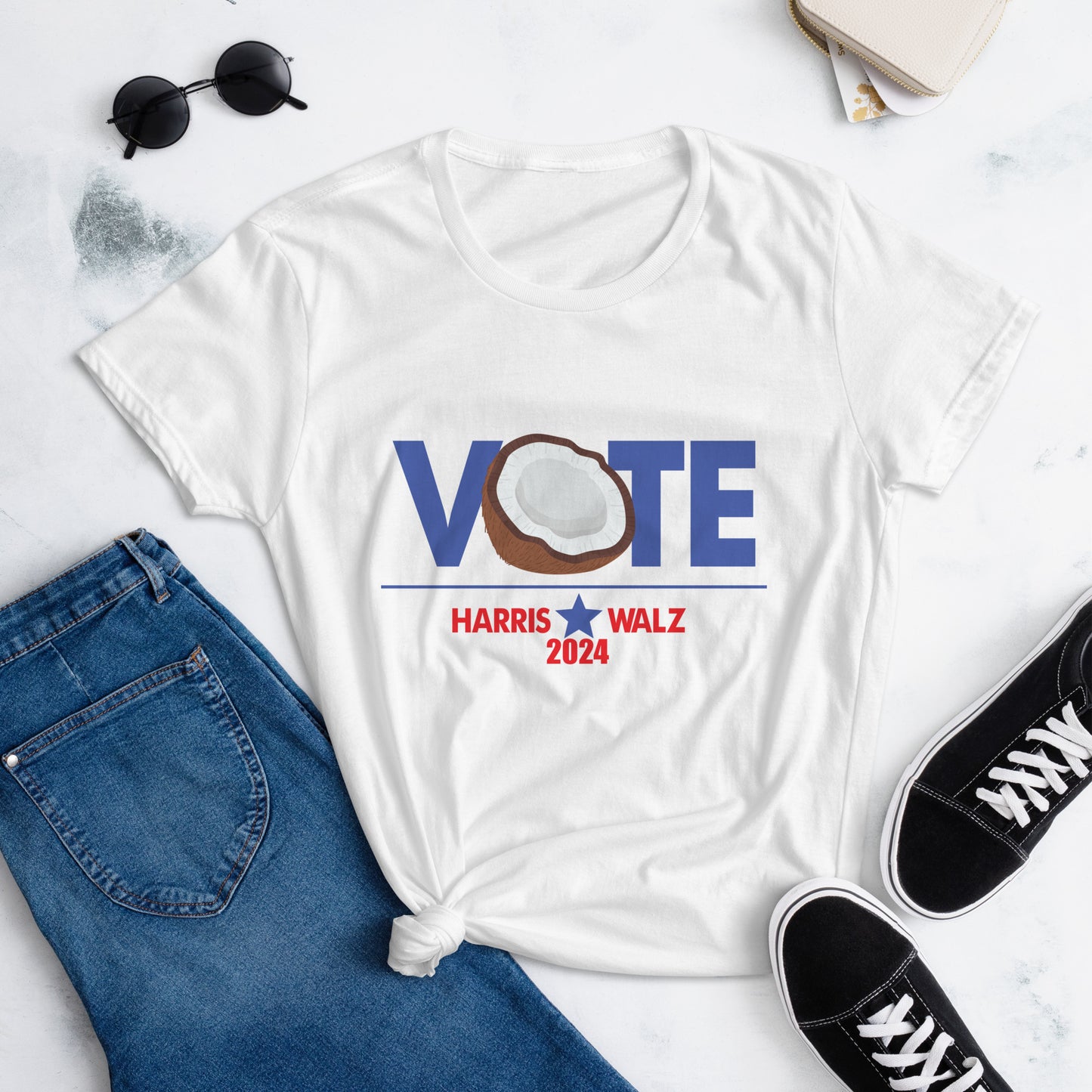 CocoVote 2024 Election T-Shirt featuring a fun coconut design integrated with the word 'VOTE' and Harris Walz 2024 text. Perfect for Harris supporters and political enthusiasts.