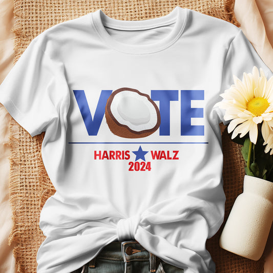 CocoVote 2024 Election T-Shirt featuring a fun coconut design integrated with the word 'VOTE' and Harris Walz 2024 text. Perfect for Harris supporters and political enthusiasts.