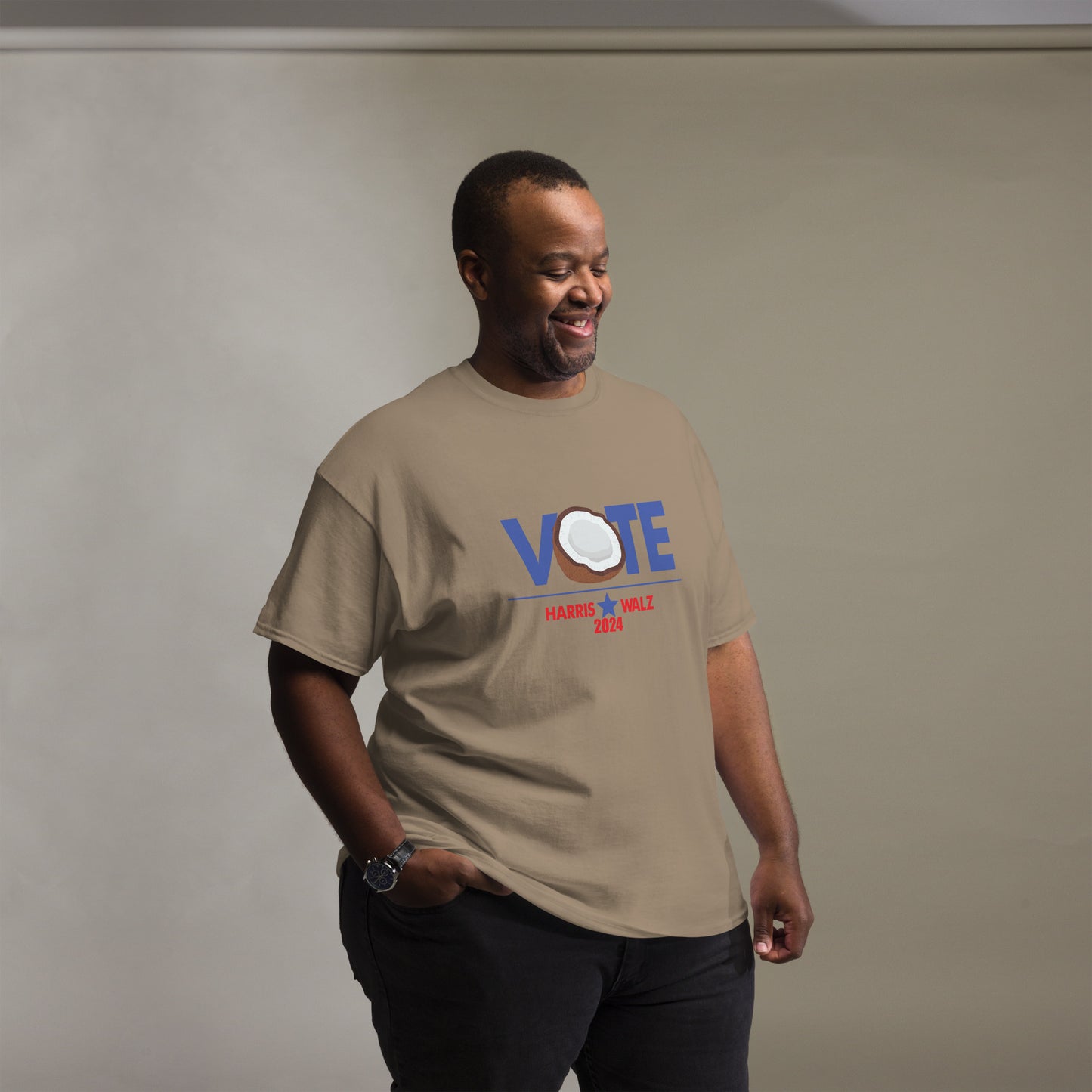 CocoVote 2024 Election T-Shirt featuring a fun coconut design integrated with the word 'VOTE' and Harris Walz 2024 text. Perfect for Harris supporters and political enthusiasts.