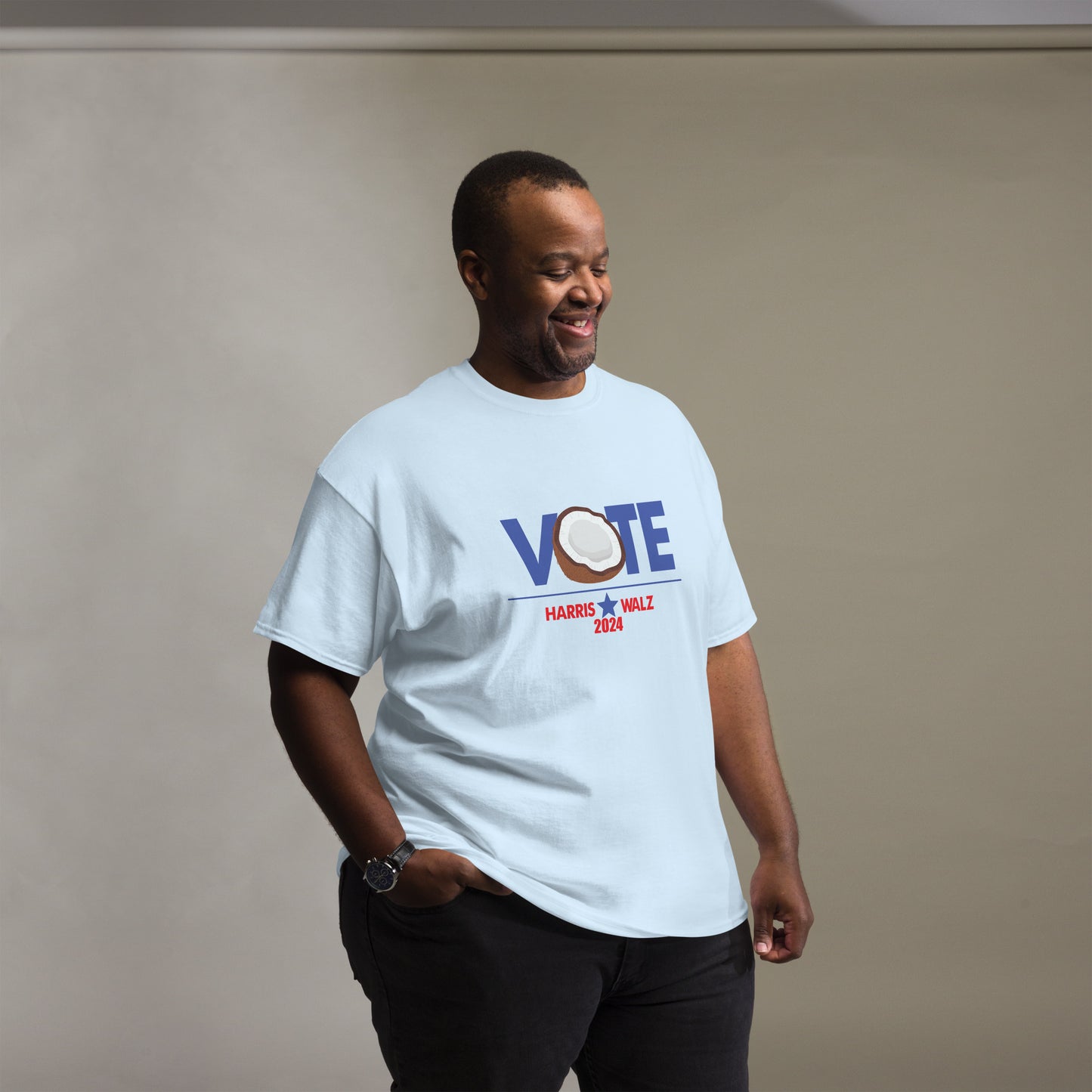 CocoVote 2024 Election T-Shirt featuring a fun coconut design integrated with the word 'VOTE' and Harris Walz 2024 text. Perfect for Harris supporters and political enthusiasts.