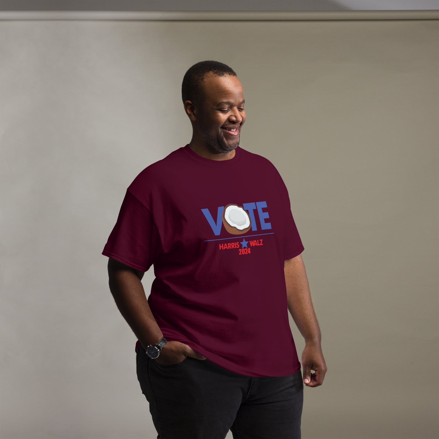 CocoVote 2024 Election T-Shirt featuring a fun coconut design integrated with the word 'VOTE' and Harris Walz 2024 text. Perfect for Harris supporters and political enthusiasts.