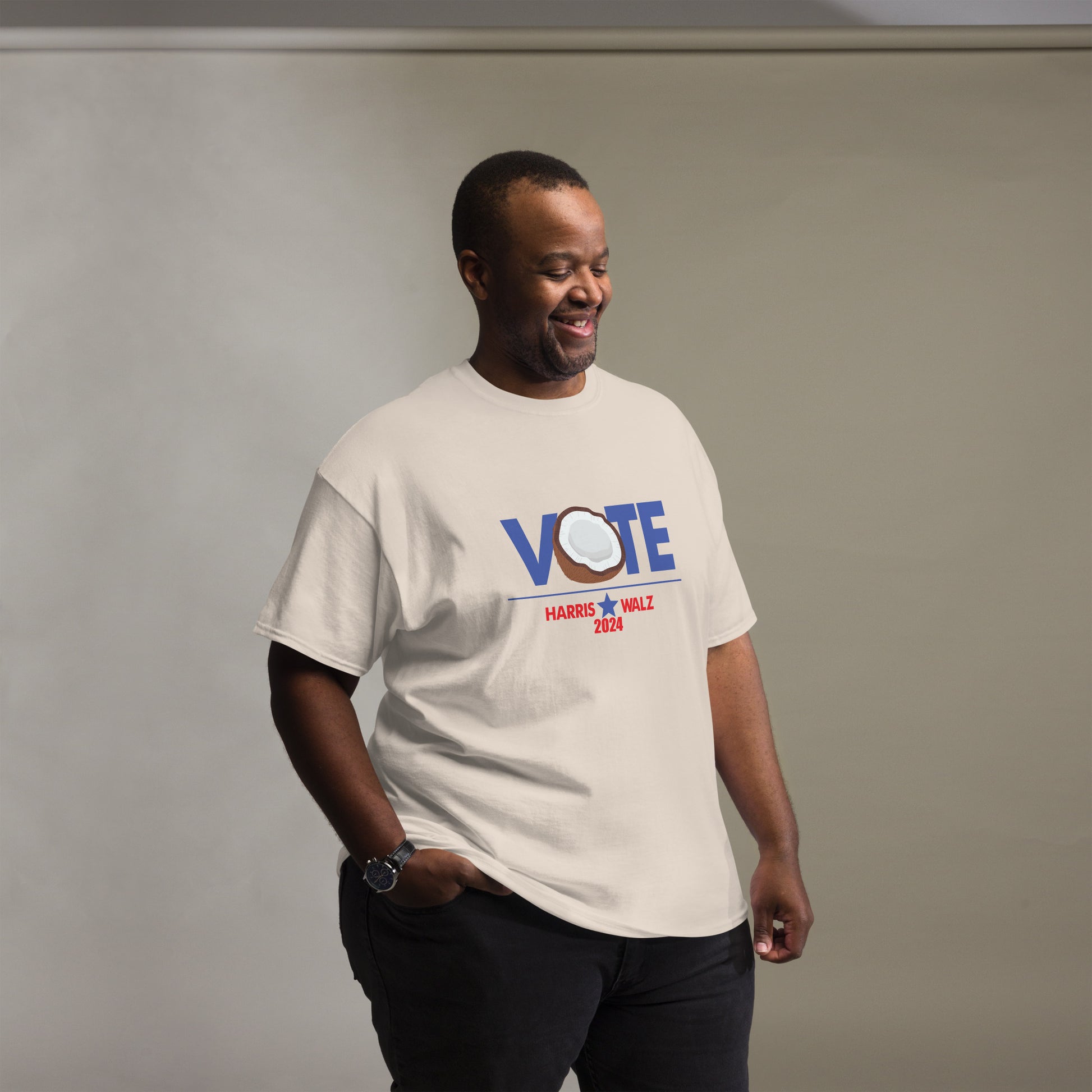 CocoVote 2024 Election T-Shirt featuring a fun coconut design integrated with the word 'VOTE' and Harris Walz 2024 text. Perfect for Harris supporters and political enthusiasts.