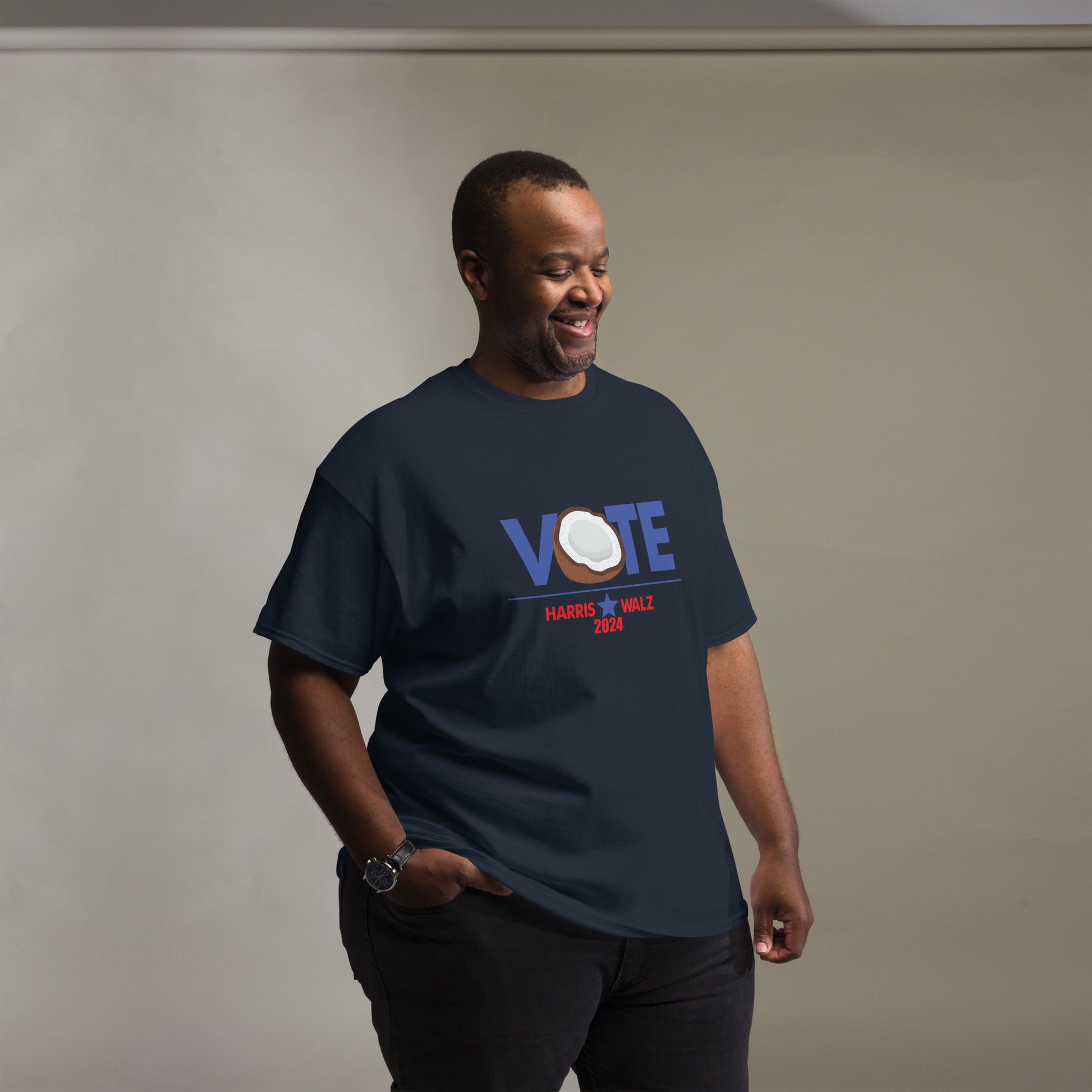 CocoVote 2024 Election T-Shirt featuring a fun coconut design integrated with the word 'VOTE' and Harris Walz 2024 text. Perfect for Harris supporters and political enthusiasts.