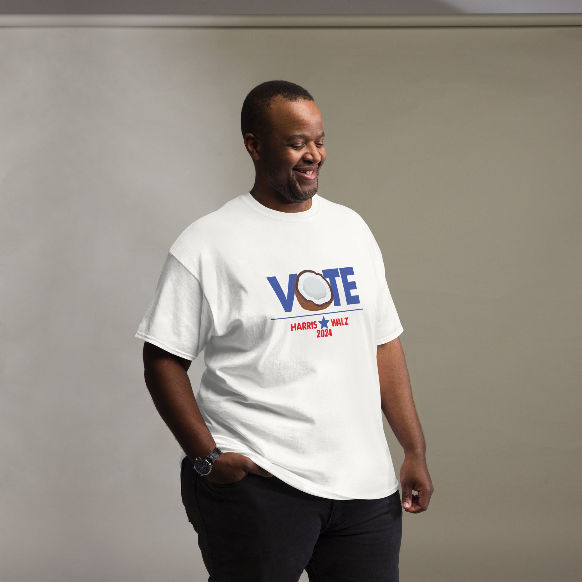 CocoVote 2024 Election T-Shirt featuring a fun coconut design integrated with the word 'VOTE' and Harris Walz 2024 text. Perfect for Harris supporters and political enthusiasts.