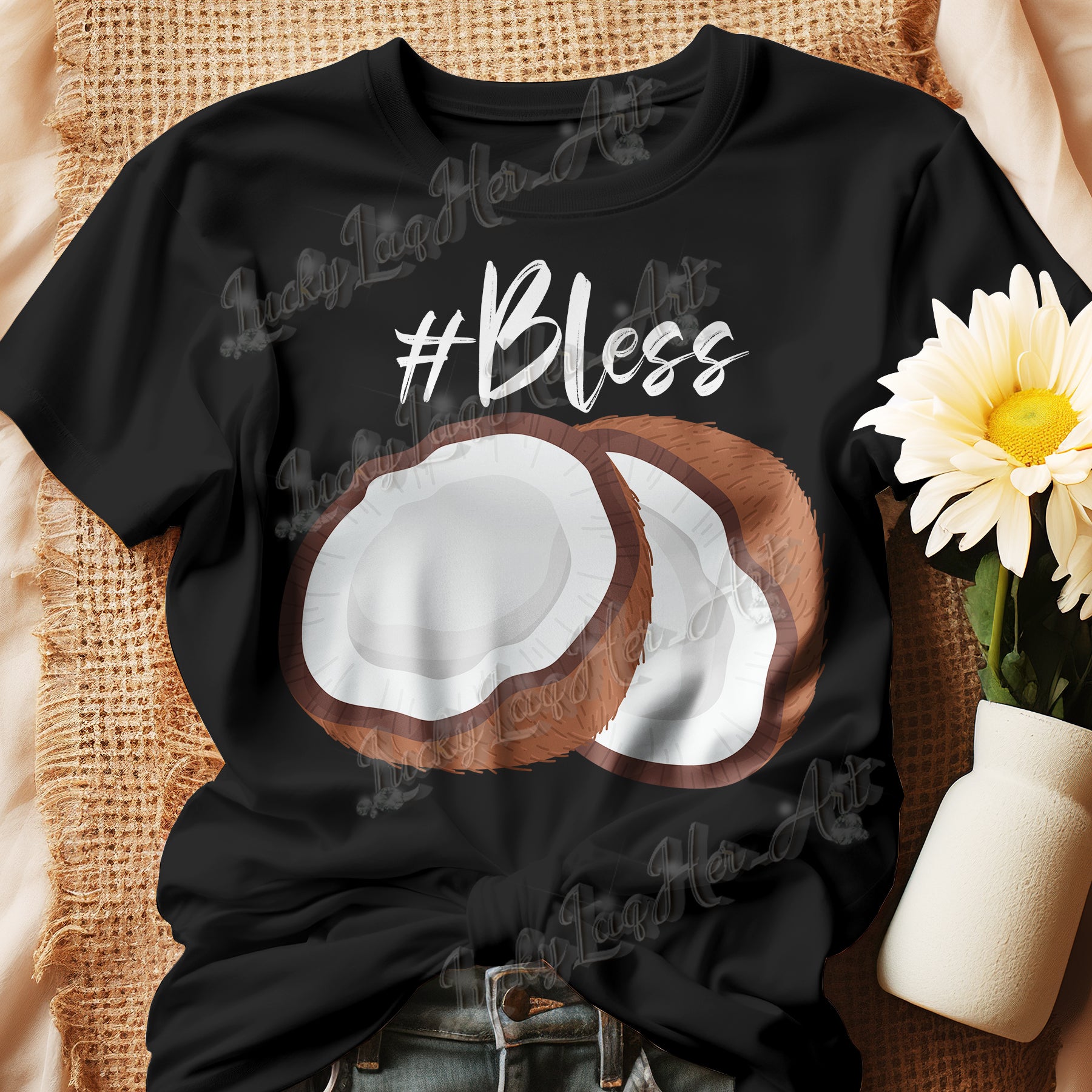 Graphic of a t-shirt featuring a vibrant coconut design and the hashtag #Bless, women.