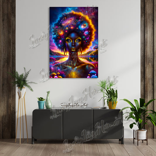 Vividly colored Cosmic Muse artwork featuring an empowering portrayal of a woman with a galaxy-themed afro, symbolizing women's empowerment and the beauty of the cosmos.