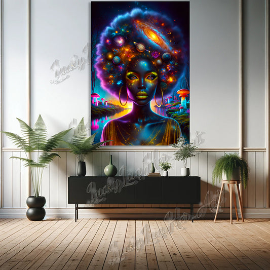 Vividly colored Cosmic Muse artwork featuring an empowering portrayal of a woman with a galaxy-themed afro, symbolizing women's empowerment and the beauty of the cosmos.