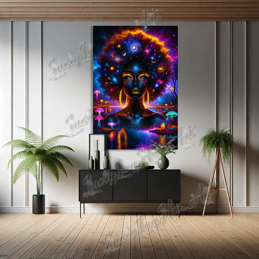 Vividly colored Cosmic Muse artwork featuring an empowering portrayal of a woman with a galaxy-themed afro, symbolizing women's empowerment and the beauty of the cosmos.