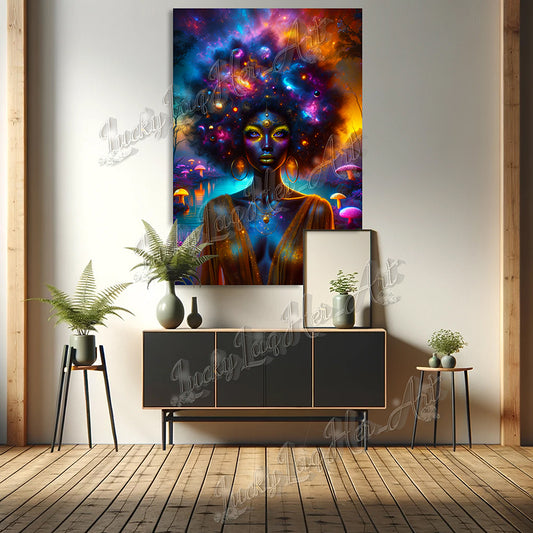 Vividly colored Cosmic Muse artwork featuring an empowering portrayal of a woman with a galaxy-themed afro, symbolizing women's empowerment and the beauty of the cosmos.