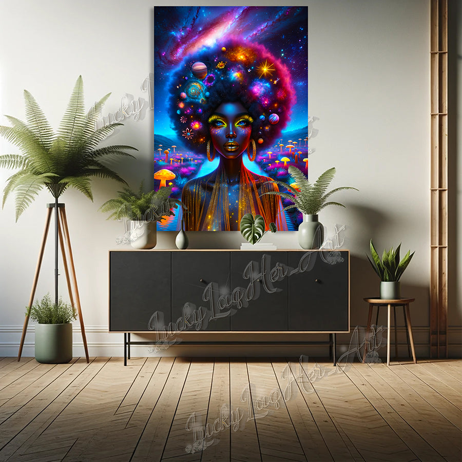 Vividly colored Cosmic Muse artwork featuring an empowering portrayal of a woman with a galaxy-themed afro, symbolizing women's empowerment and the beauty of the cosmos.