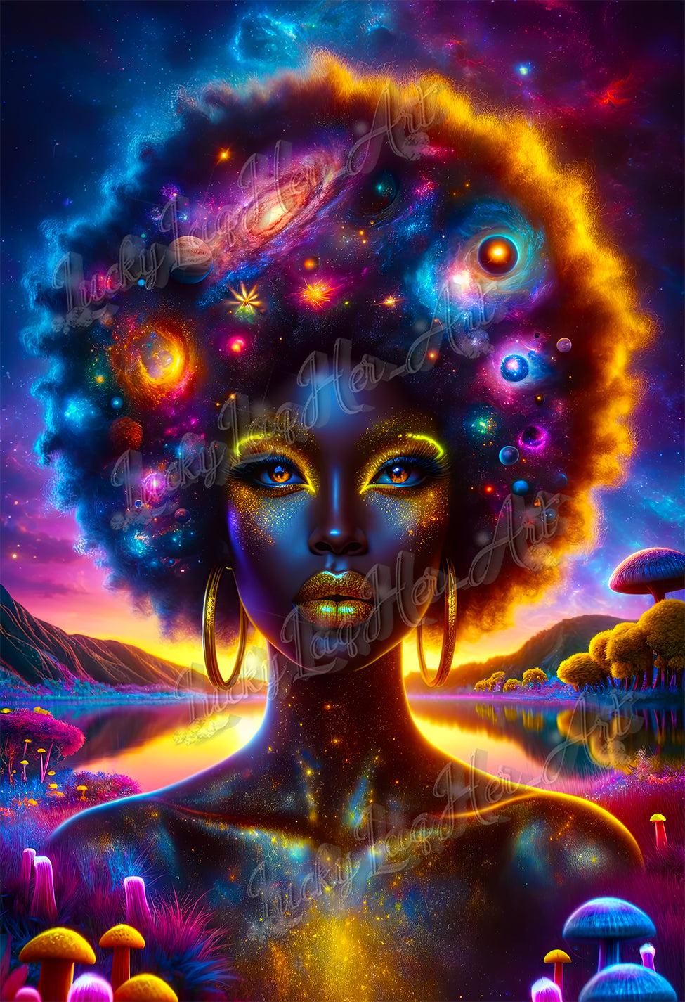 Vividly colored Cosmic Muse artwork featuring an empowering portrayal of a woman with a galaxy-themed afro, symbolizing women's empowerment and the beauty of the cosmos.