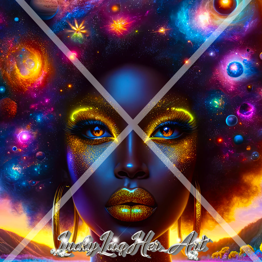 Vividly colored Cosmic Muse artwork featuring an empowering portrayal of a woman with a galaxy-themed afro, symbolizing women's empowerment and the beauty of the cosmos.