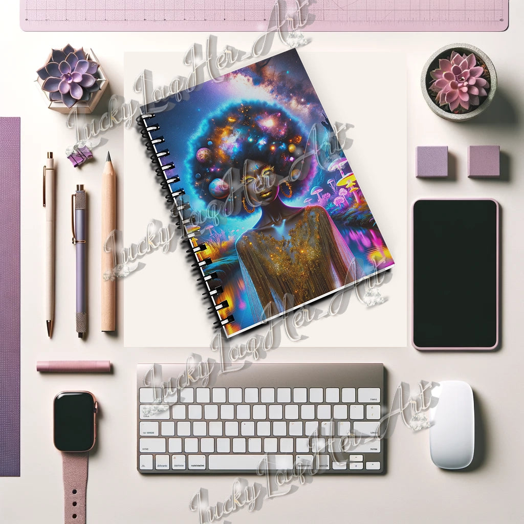 Empowering 'Galactic Inspiration: Cosmic Muse' Journal for Daily Creativity and Reflection, with a Vivid Galaxy-themed Cover Design and Sturdy Spiral Binding.