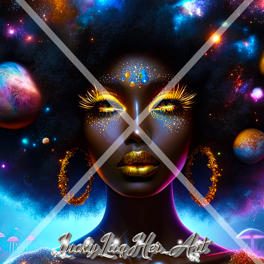 Vividly colored Cosmic Muse artwork featuring an empowering portrayal of a woman with a galaxy-themed afro, symbolizing women's empowerment and the beauty of the cosmos.