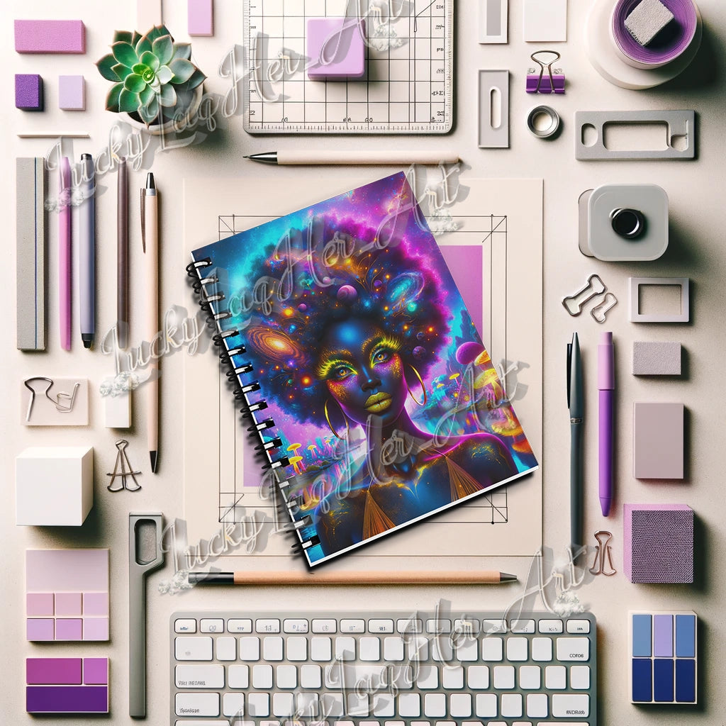 Empowering 'Galactic Inspiration: Cosmic Muse' Journal for Daily Creativity and Reflection, with a Vivid Galaxy-themed Cover Design and Sturdy Spiral Binding.