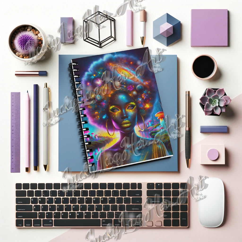 Empowering 'Galactic Inspiration: Cosmic Muse' Journal for Daily Creativity and Reflection, with a Vivid Galaxy-themed Cover Design and Sturdy Spiral Binding.