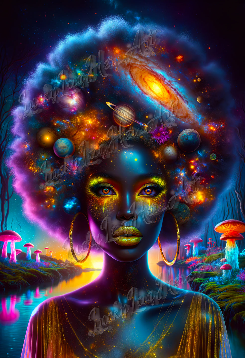 Vividly colored Cosmic Muse artwork featuring an empowering portrayal of a woman with a galaxy-themed afro, symbolizing women's empowerment and the beauty of the cosmos.