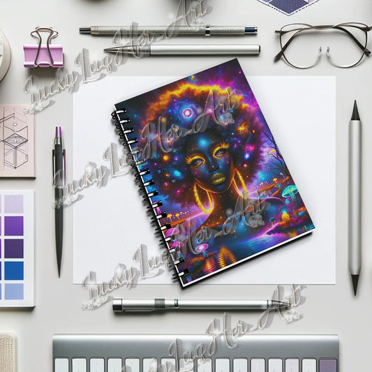 Empowering 'Galactic Inspiration: Cosmic Muse' Journal for Daily Creativity and Reflection, with a Vivid Galaxy-themed Cover Design and Sturdy Spiral Binding.