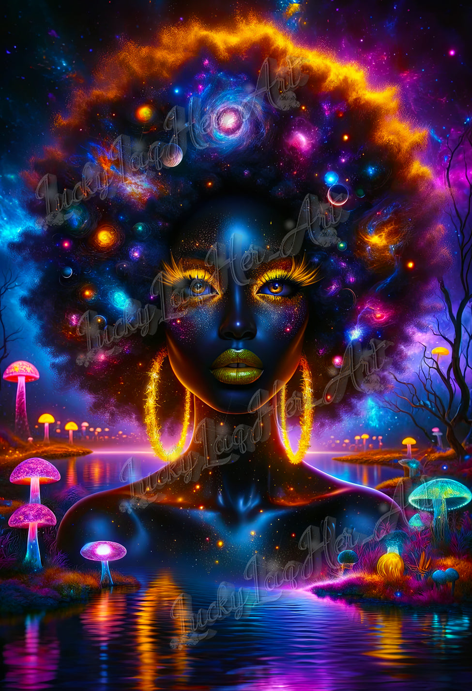 Vividly colored Cosmic Muse artwork featuring an empowering portrayal of a woman with a galaxy-themed afro, symbolizing women's empowerment and the beauty of the cosmos.