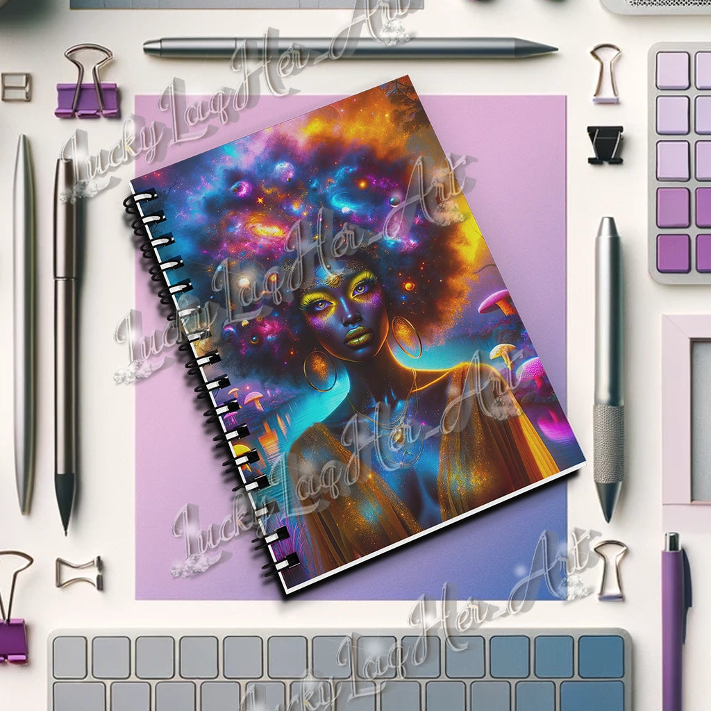 Empowering 'Galactic Inspiration: Cosmic Muse' Journal for Daily Creativity and Reflection, with a Vivid Galaxy-themed Cover Design and Sturdy Spiral Binding.