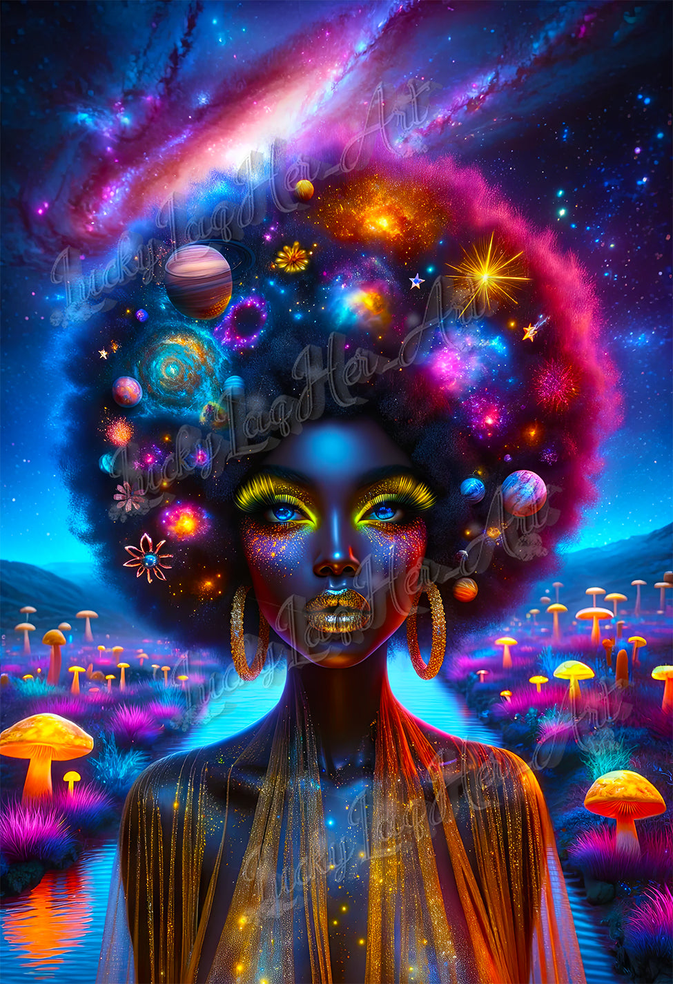 Vividly colored Cosmic Muse artwork featuring an empowering portrayal of a woman with a galaxy-themed afro, symbolizing women's empowerment and the beauty of the cosmos.