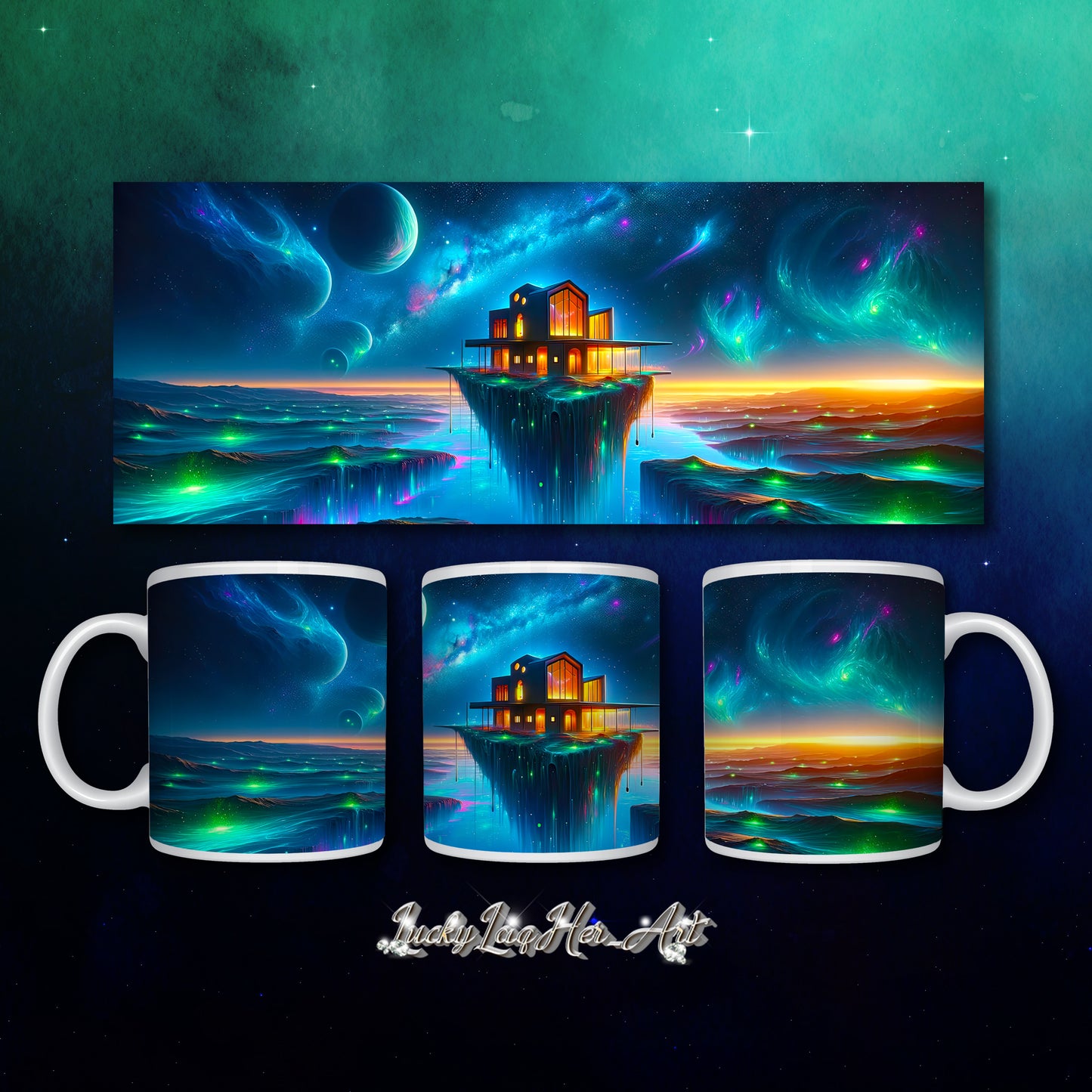 Cosmic Sanctuary: Interstellar Abode Amidst Nebulae - Mug Wrap v3 - 15oz