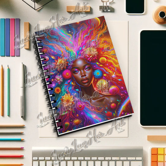 Vibrant journal cover art featuring 'Enchanted Bloom Aura - Cosmic Rainbow Flower Goddess' with a cascade of vivid flowers and celestial patterns blending into a cosmic backdrop, embodying inspiration and creativity.