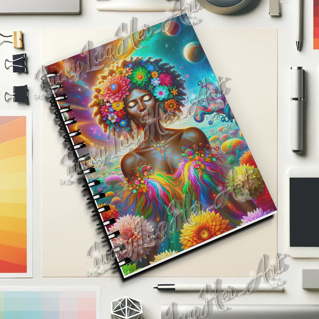 Vibrant journal cover art featuring 'Enchanted Bloom Aura - Cosmic Rainbow Flower Goddess' with a cascade of vivid flowers and celestial patterns blending into a cosmic backdrop, embodying inspiration and creativity.