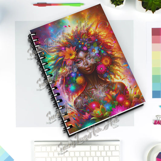 Vibrant journal cover art featuring 'Enchanted Bloom Aura - Cosmic Rainbow Flower Goddess' with a cascade of vivid flowers and celestial patterns blending into a cosmic backdrop, embodying inspiration and creativity.