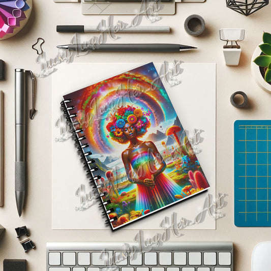 Vibrant journal cover art featuring 'Enchanted Bloom Aura - Cosmic Rainbow Flower Goddess' with a cascade of vivid flowers and celestial patterns blending into a cosmic backdrop, embodying inspiration and creativity.