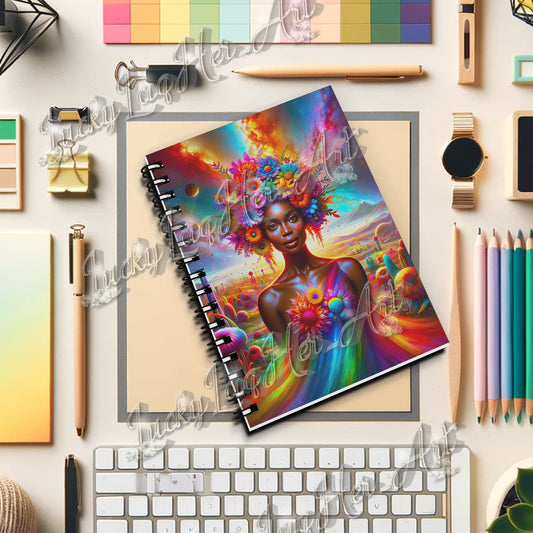 Vibrant journal cover art featuring 'Enchanted Bloom Aura - Cosmic Rainbow Flower Goddess' with a cascade of vivid flowers and celestial patterns blending into a cosmic backdrop, embodying inspiration and creativity.