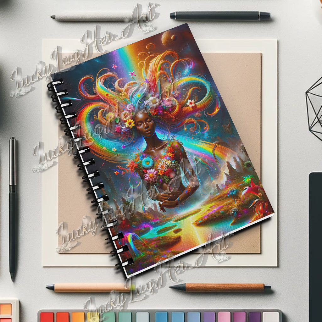 Vibrant journal cover art featuring 'Enchanted Bloom Aura - Cosmic Rainbow Flower Goddess' with a cascade of vivid flowers and celestial patterns blending into a cosmic backdrop, embodying inspiration and creativity.