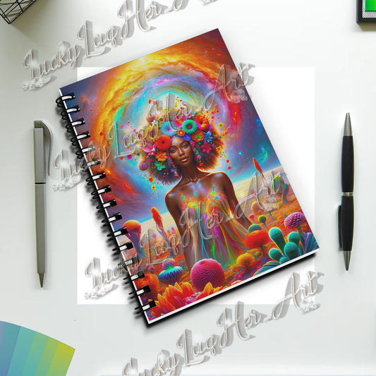 Vibrant journal cover art featuring 'Enchanted Bloom Aura - Cosmic Rainbow Flower Goddess' with a cascade of vivid flowers and celestial patterns blending into a cosmic backdrop, embodying inspiration and creativity.