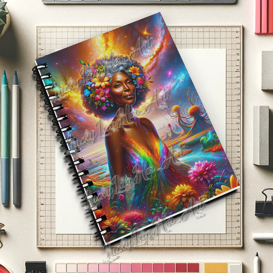 Vibrant journal cover art featuring 'Enchanted Bloom Aura - Cosmic Rainbow Flower Goddess' with a cascade of vivid flowers and celestial patterns blending into a cosmic backdrop, embodying inspiration and creativity.