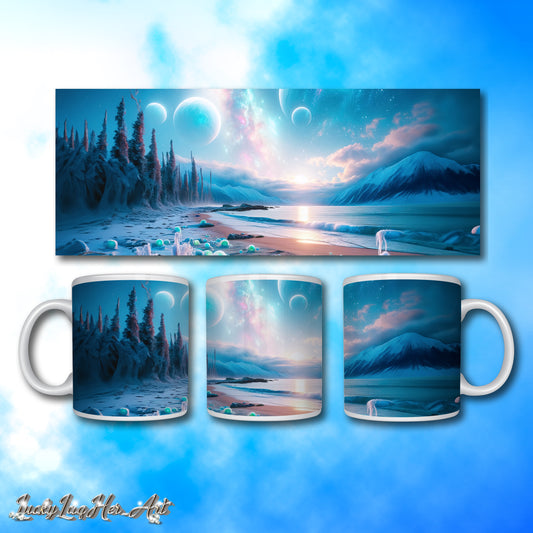 Serene Alien Beach v3 Mug Wrap 11oz - Unique Space-Themed Artistic Mugs